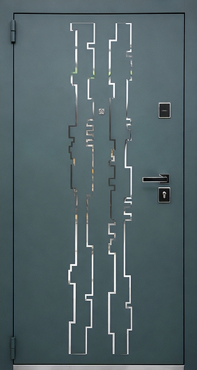 Стальная дверь с зеленым порошковым покрытием и лазерной резкой